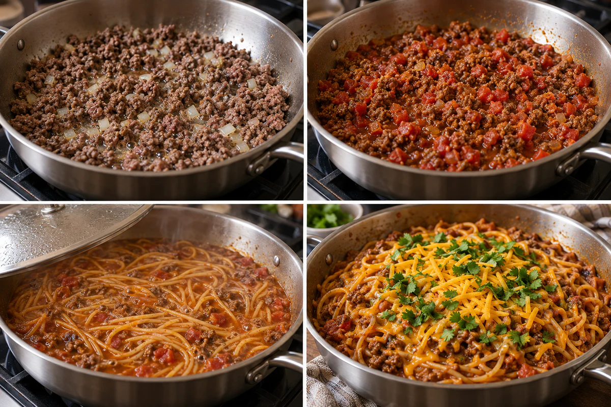 Four stages showing beef and onion browning, taco seasoning and Rotel added, spaghetti simmering under a lid, and finished pasta topped with cheddar and cilantro
