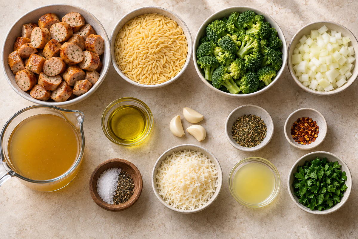 Chicken sausage, orzo, broccoli, onion, three garlic cloves, broth, olive oil, seasonings, Parmesan, lemon juice, and parsley