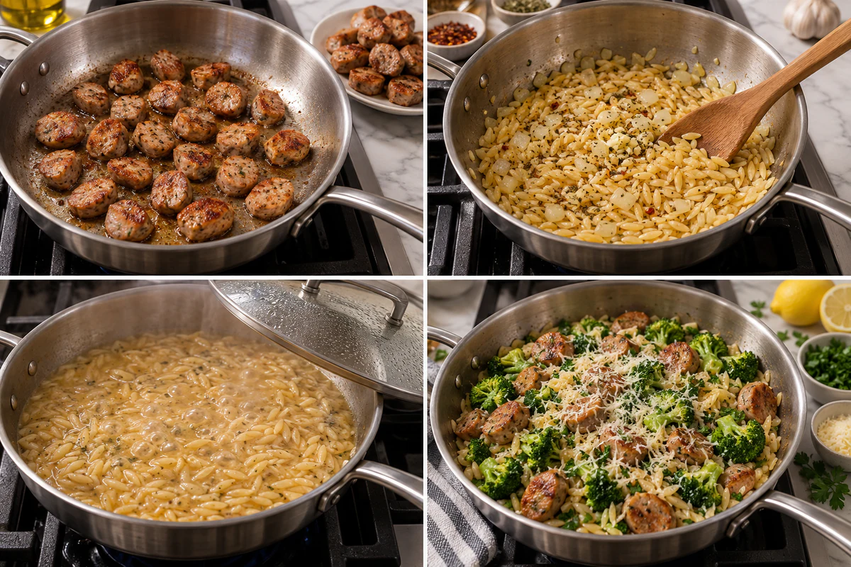 Four stages showing sausage browning, onion and orzo toasting, orzo simmering in broth, and skillet finished with broccoli and Parmesan