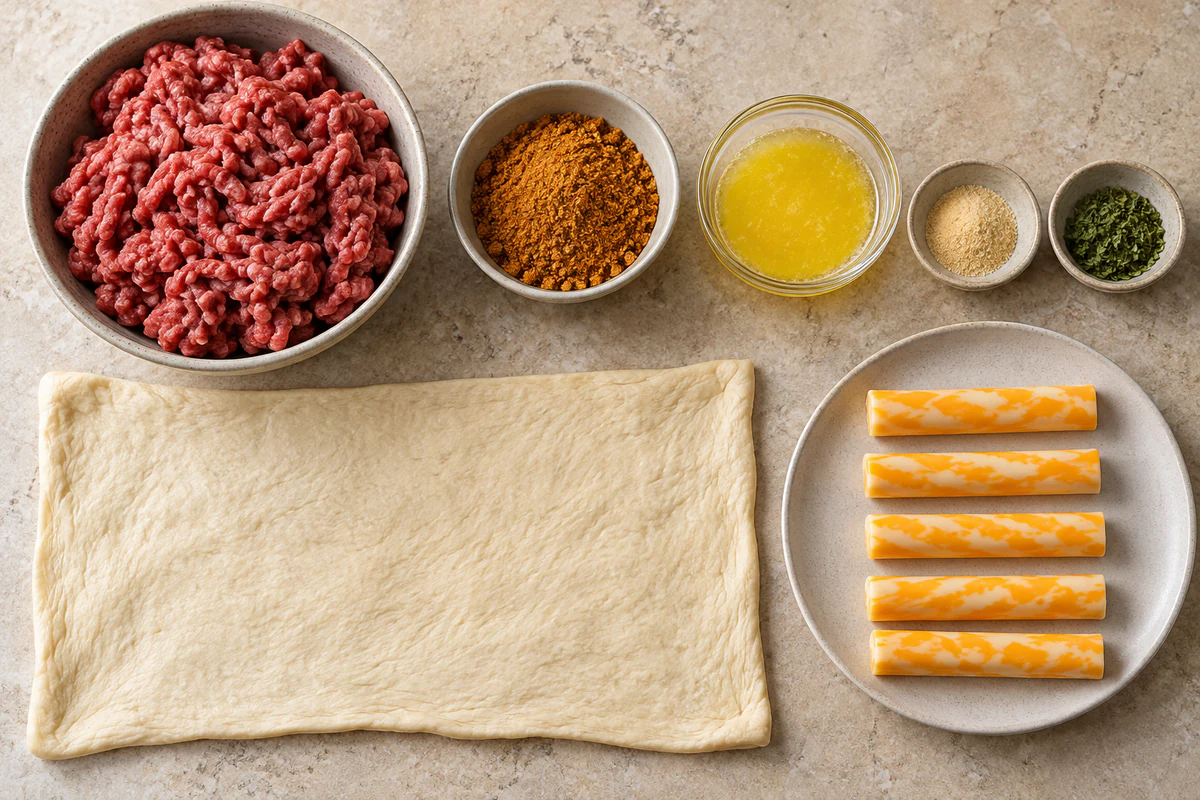 Ground beef, taco seasoning, pizza dough, five cheese sticks, melted butter, garlic powder, and dried parsley