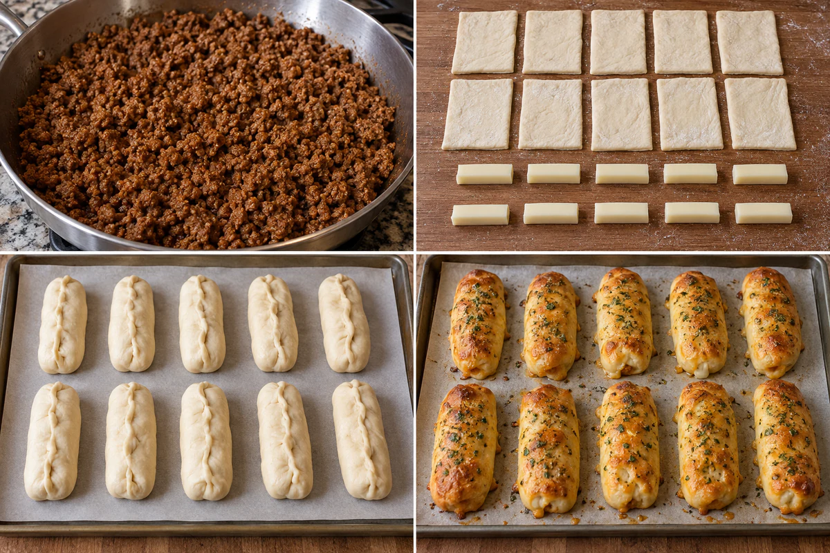 Four stages showing taco beef, ten dough rectangles and cheese halves, ten sealed raw sticks, and ten golden baked taco sticks