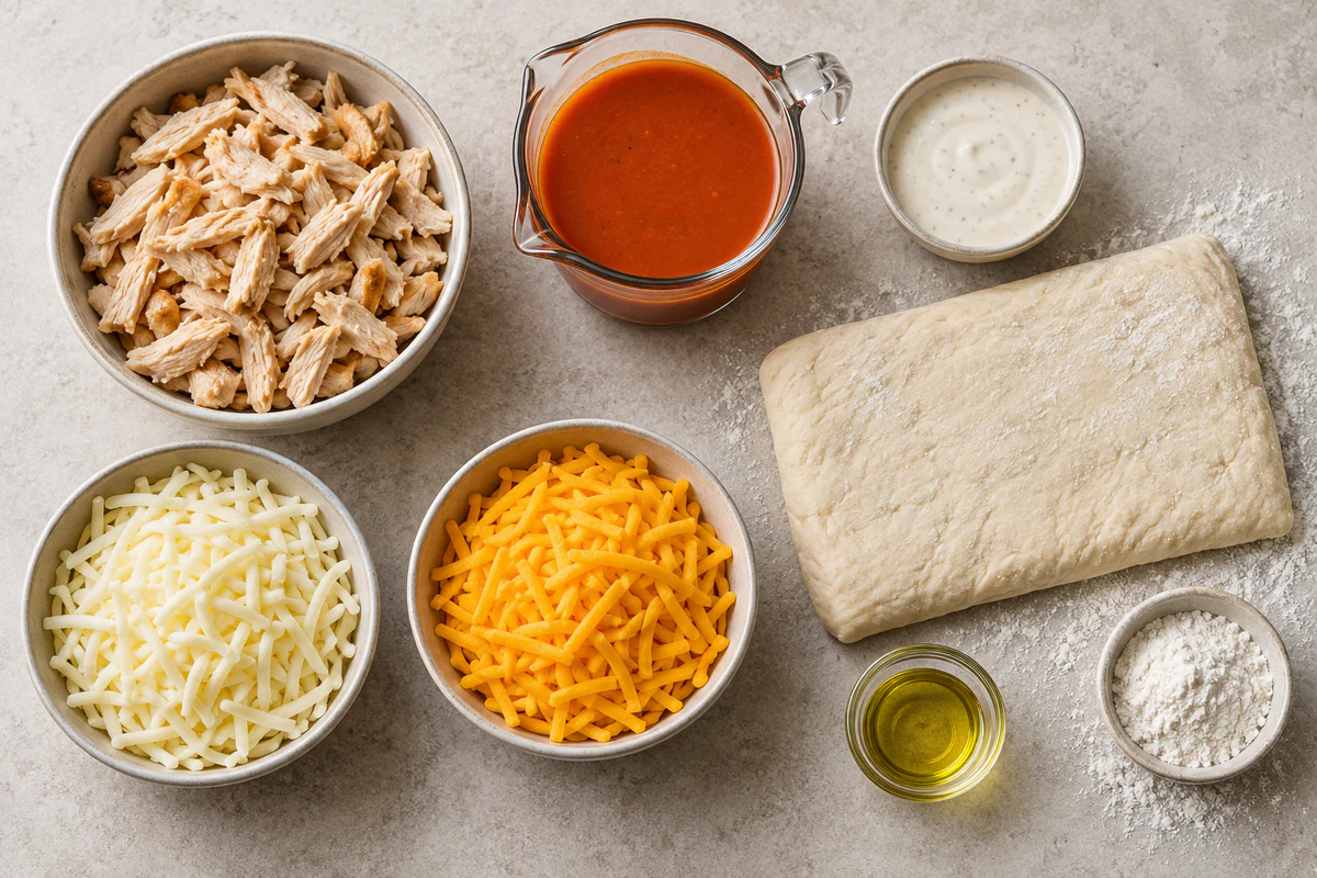 Cooked chicken, buffalo sauce, ranch, mozzarella, cheddar, pizza dough, oil, and flour