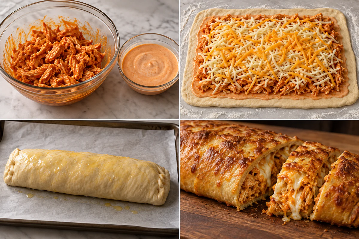 Four stages showing buffalo chicken mixed, dough spread and filled, dough rolled and sealed, and the baked golden log