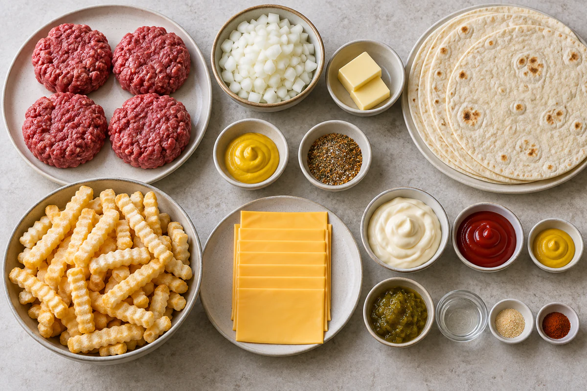 Ground beef, onion, butter, mustard, seasonings, tortillas, crinkle fries, American cheese, and burger sauce ingredients