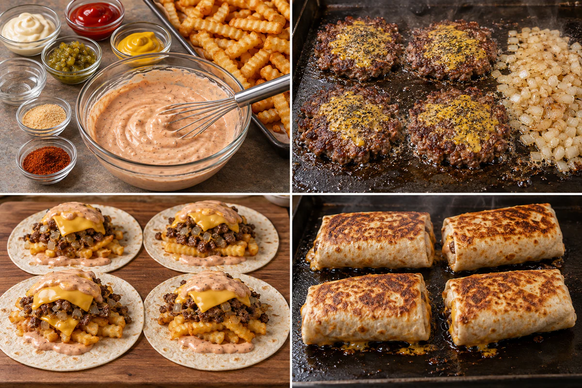 Four stages showing burger sauce mixed, onions and beef cooking, burritos filled and rolled, and burritos grilled golden