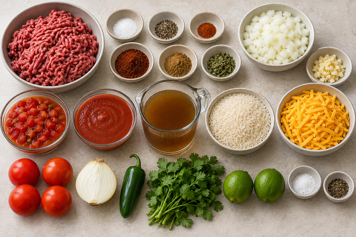 Ground beef, long-grain rice, cheddar, tomatoes, onion, jalapeno, cilantro, lime, Rotel, sauce, broth, garlic, and spices