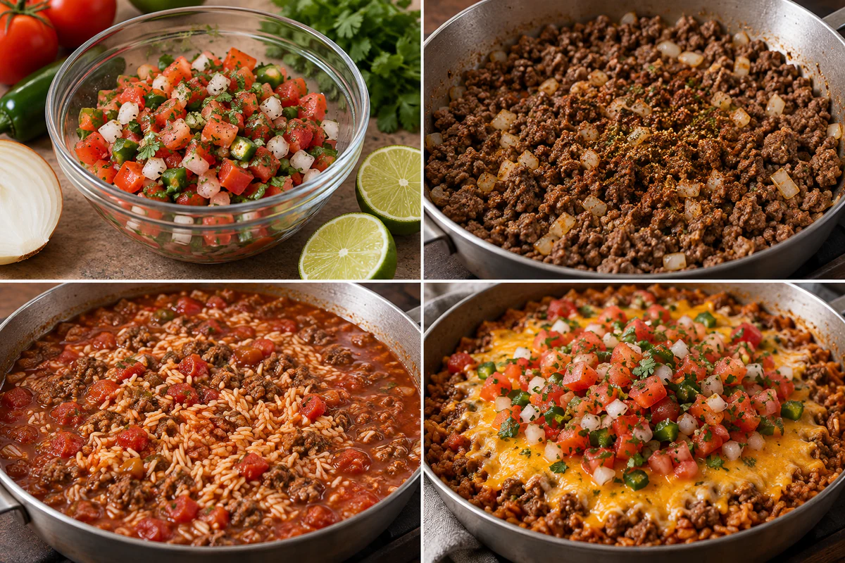 Four stages showing pico mixed, seasoned beef browning with onion, rice simmering in tomato broth, and cheddar melted over the skillet