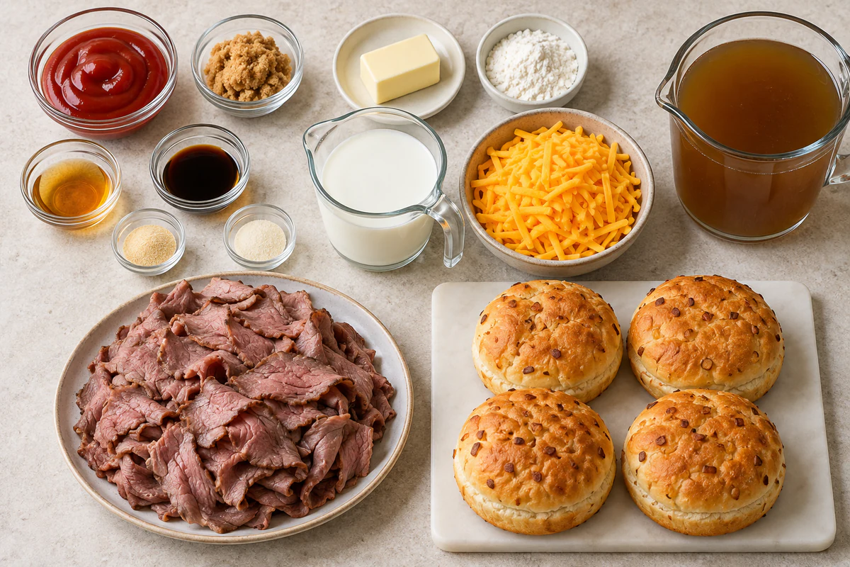 Thin deli roast beef, onion buns, beef broth, cheddar, milk, butter, flour, ketchup, brown sugar, vinegar, Worcestershire, and seasonings