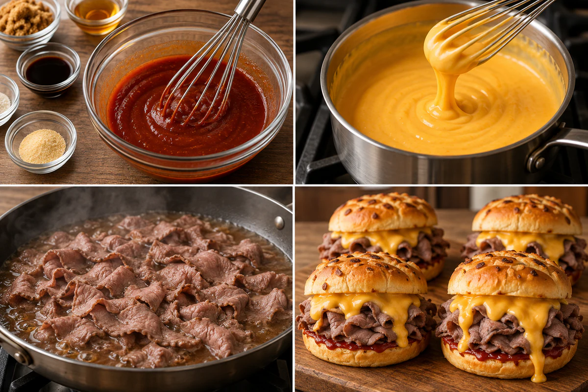 Four stages showing red sauce whisked, cheddar sauce cooked, roast beef warmed in broth, and four onion-bun sandwiches assembled