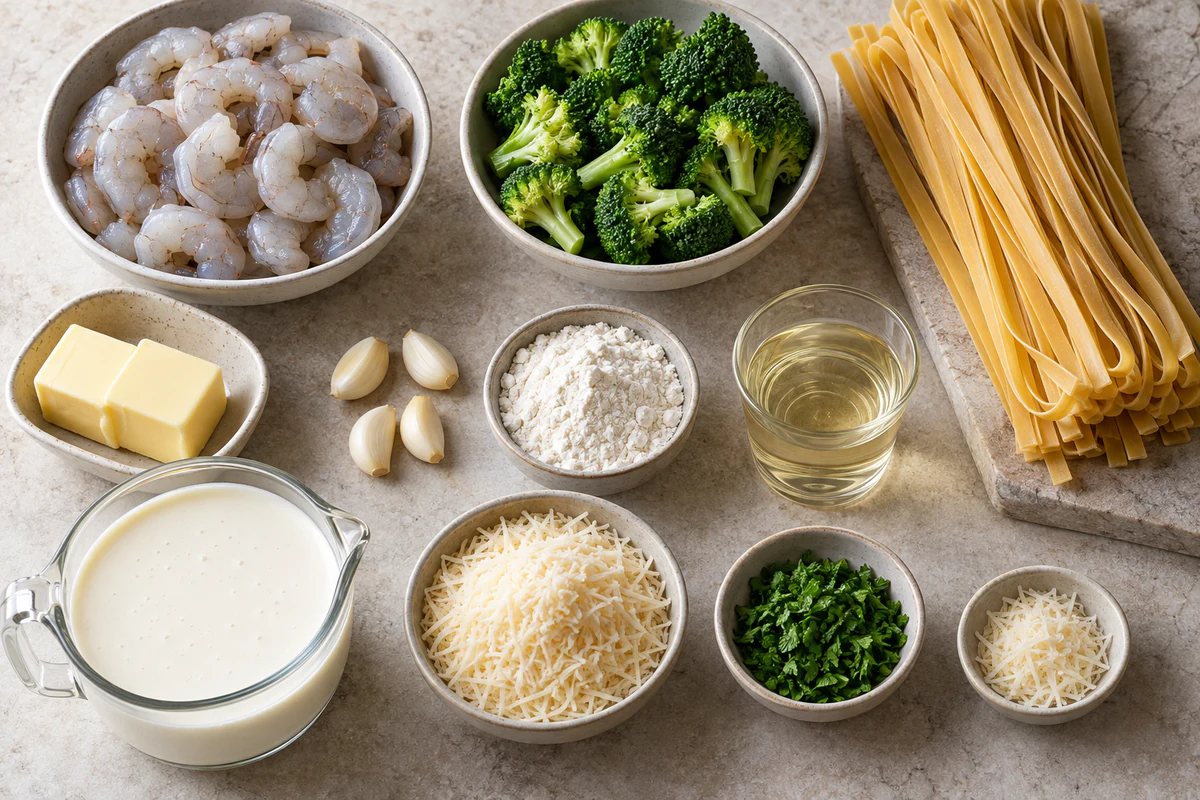 Raw shrimp, broccoli, fettuccine, butter, garlic, flour, white wine, heavy cream, Parmesan, and parsley