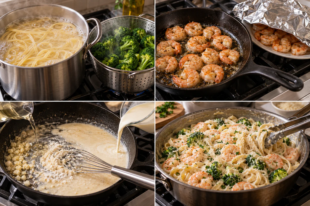 Four stages showing fettuccine and broccoli cooked, shrimp seared, garlic flour and wine cooked, and Alfredo sauce combined with pasta