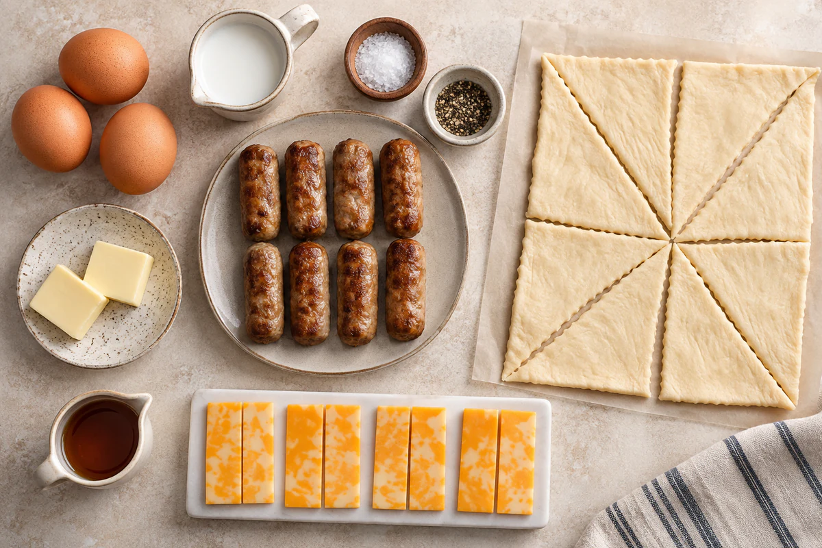 Three eggs, milk, butter, crescent dough, eight sausage links, four halved Colby Jack slices, maple syrup, salt, and pepper