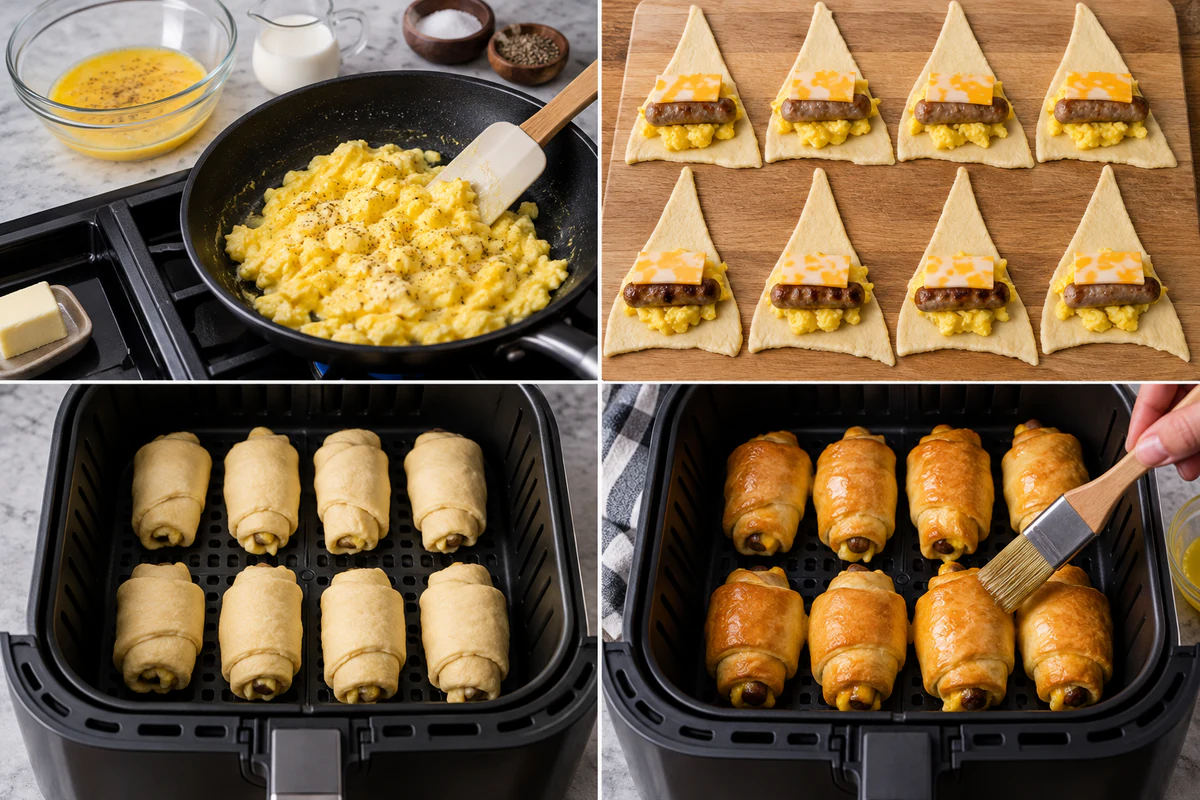 Four stages showing eggs scrambled, eight crescent triangles filled, eight rolls in the air fryer, and golden rolls brushed with maple butter