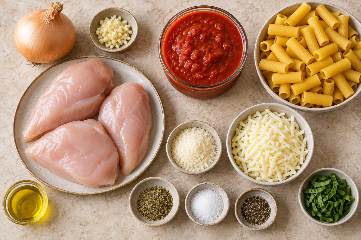 Three chicken breasts, onion, garlic, marinara, rigatoni, Parmesan, mozzarella, basil, olive oil, and seasonings
