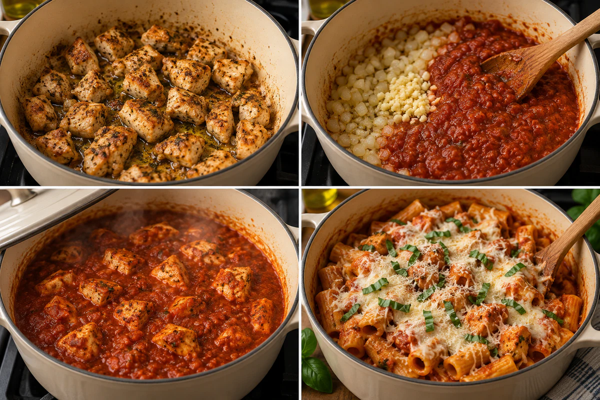 Four stages showing chicken seared, onion garlic and marinara added, chicken simmered in sauce, and pasta finished with cheese