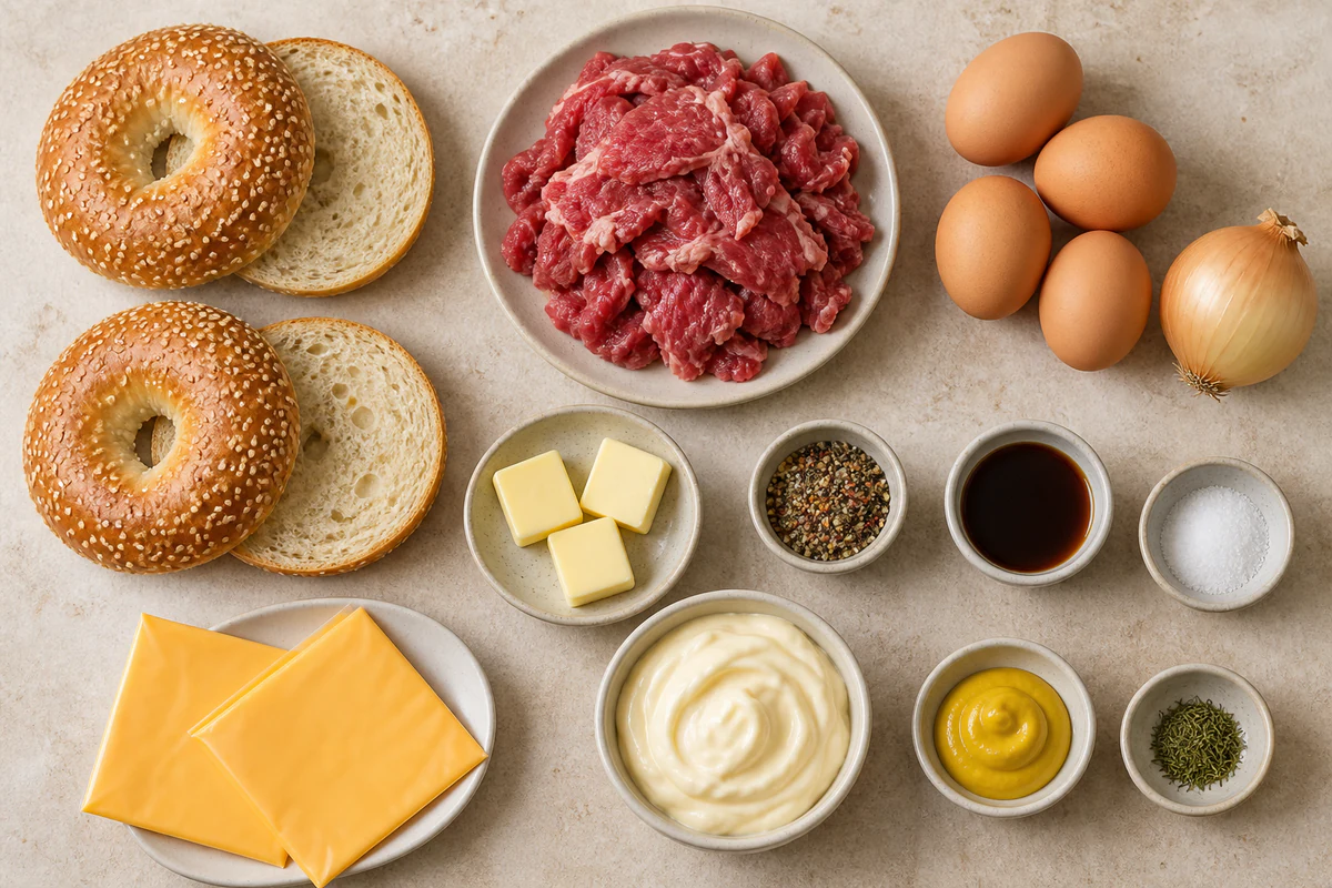 Butter, onion, shaved steak, four eggs, seasonings, Worcestershire, two cheese slices, two bagels, mayonnaise, mustard, and dill
