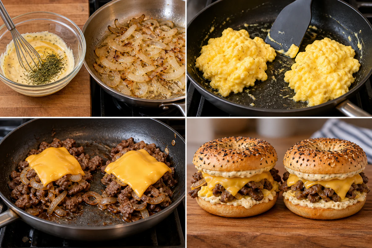 Four stages showing special sauce and onions prepared, four eggs scrambled, two steak piles topped with cheese, and two bagel sandwiches assembled