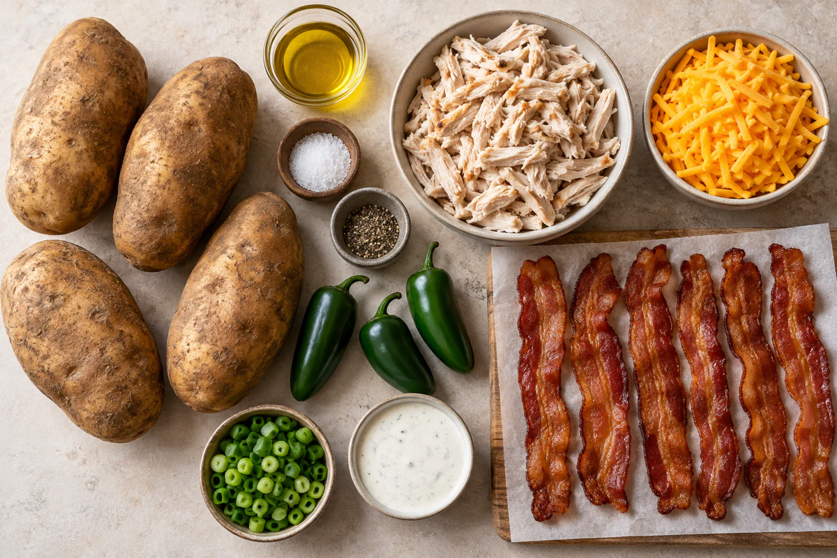 Four russet potatoes, olive oil, chicken, cheddar, six bacon slices, jalapeños, ranch, green onions, salt, and pepper
