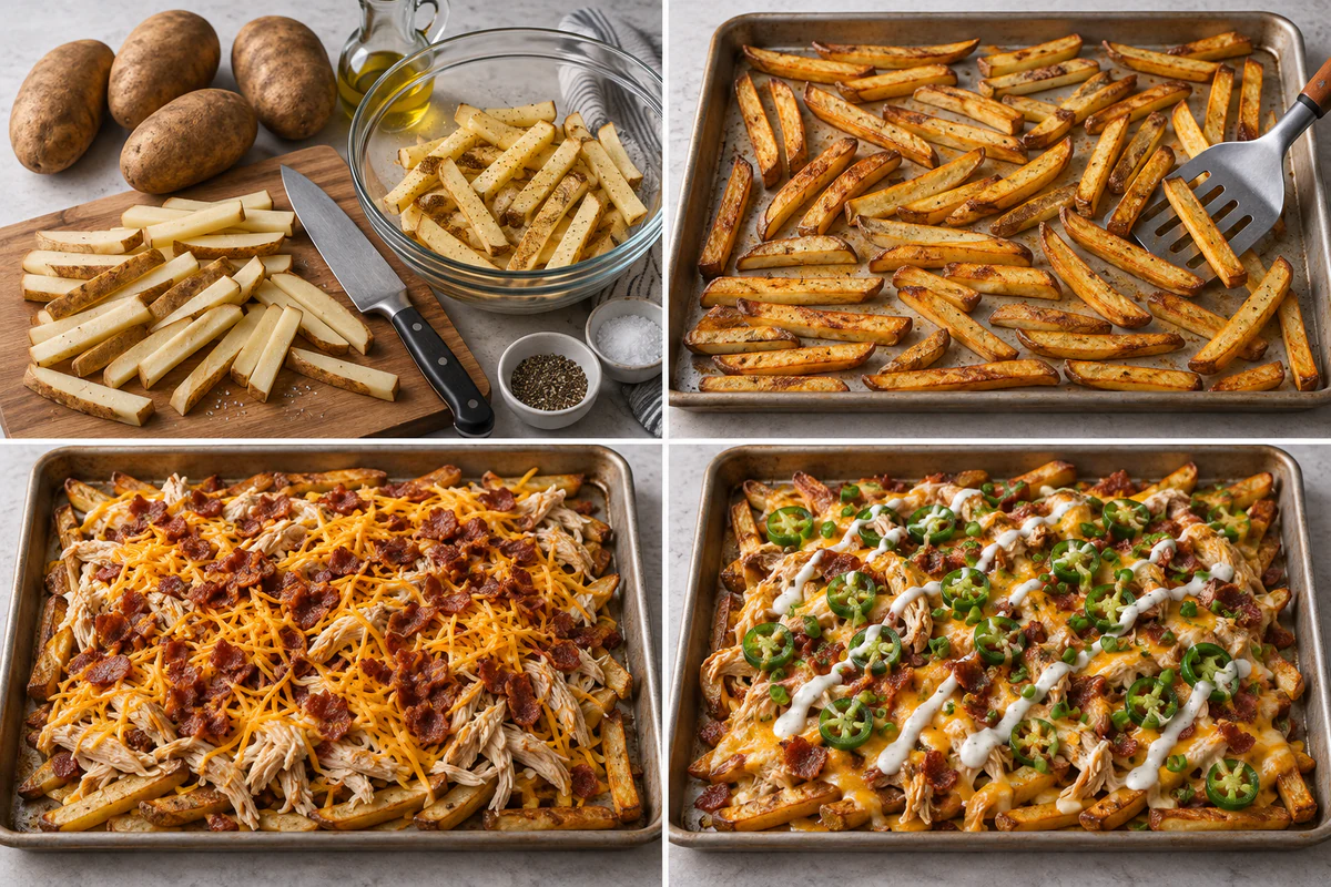 Four stages showing four potatoes cut and seasoned, fries baked crisp, chicken cheese and bacon added, and loaded fries garnished