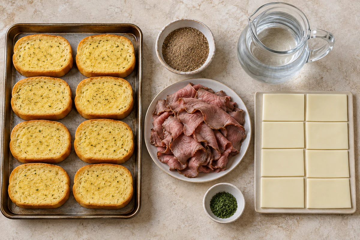 Eight garlic Texas toast slices, au jus mix, three cups water, roast beef, eight provolone slices, and parsley