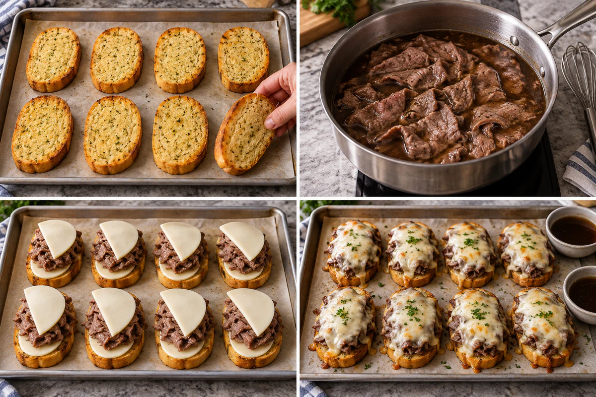 Four stages showing eight Texas toast slices baked, beef warmed in au jus, eight pieces layered with provolone and beef, and cheese melted