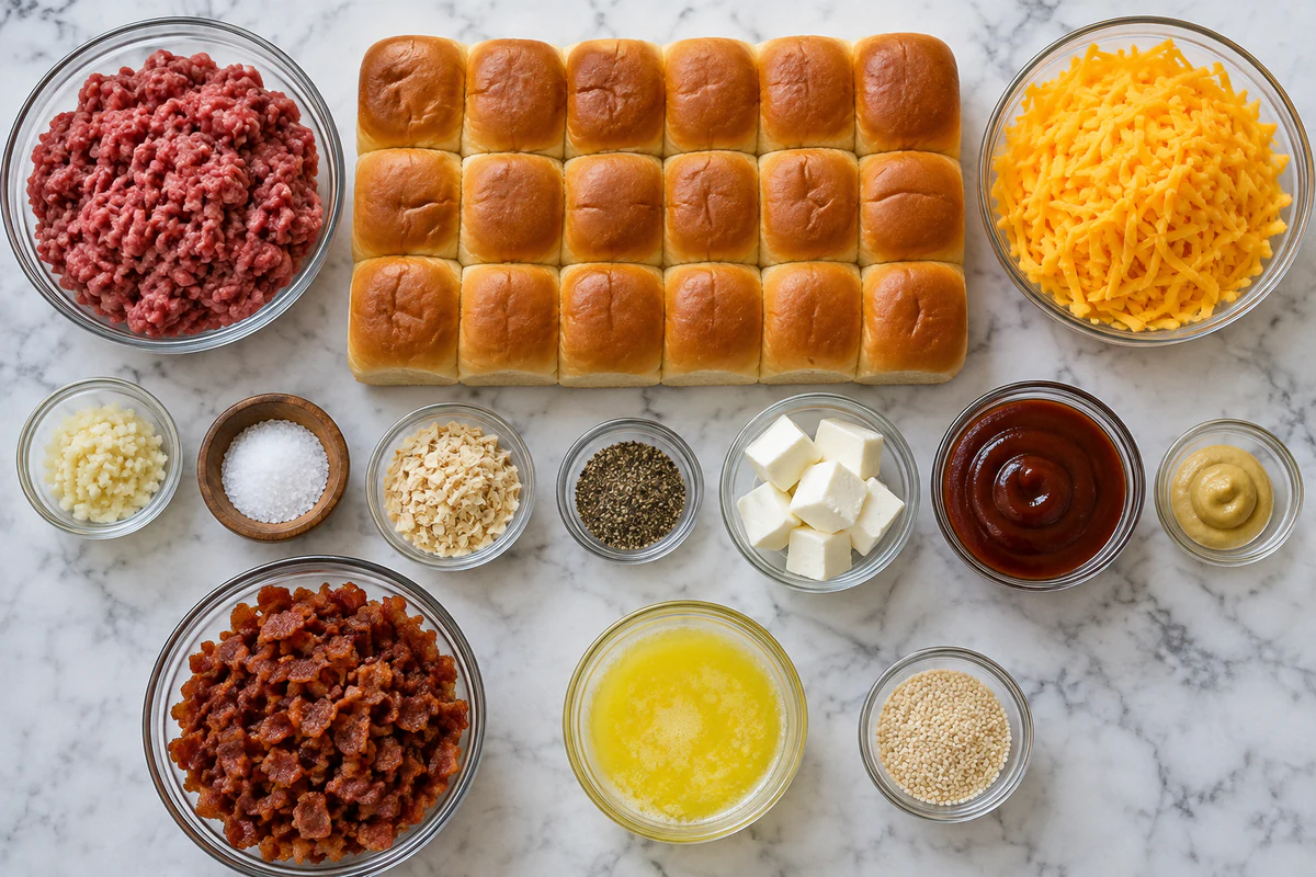 Ground beef, eighteen Hawaiian rolls, cheddar, bacon, cream cheese, barbecue sauce, Dijon, butter, sesame, garlic, and seasonings