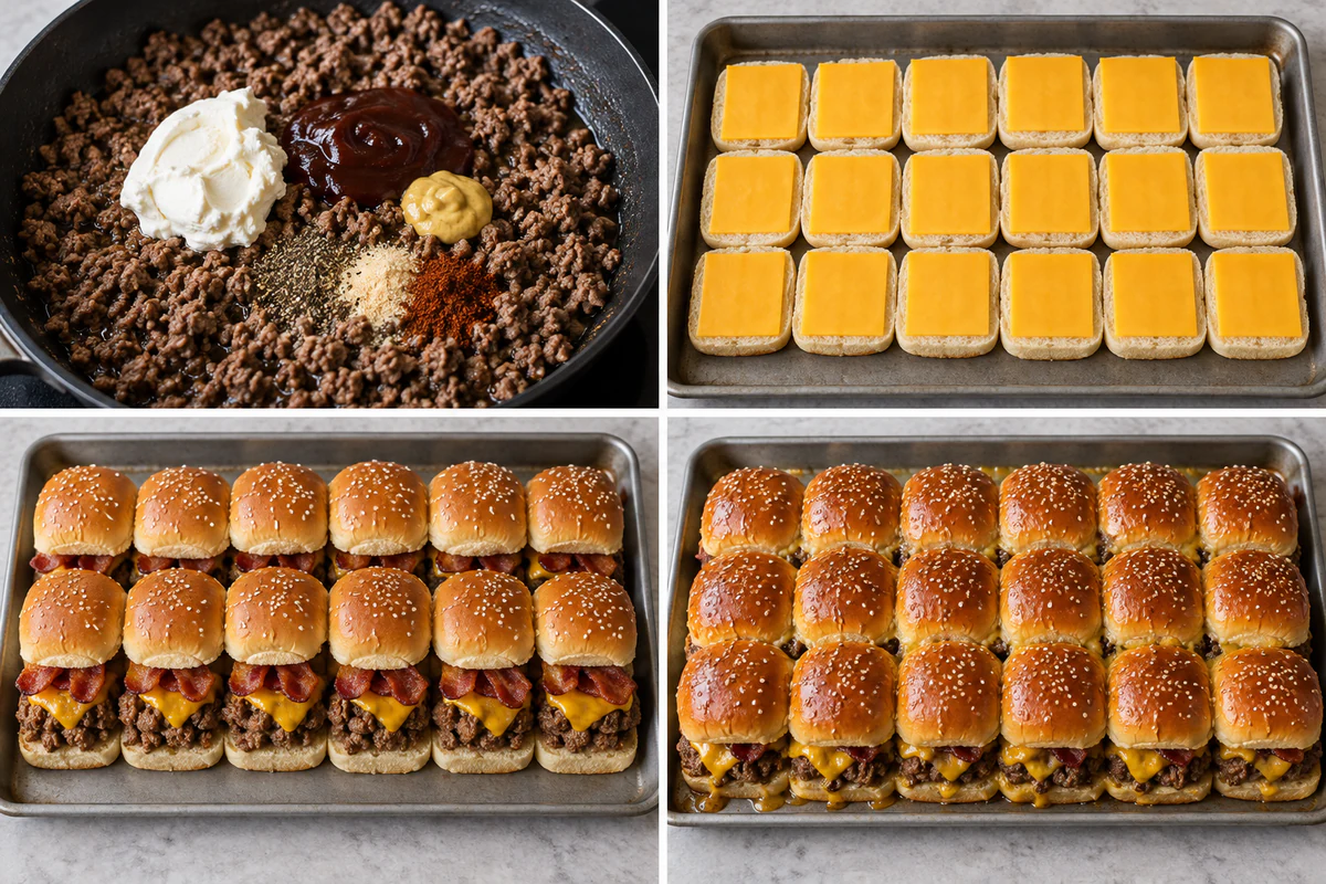 Four stages showing creamy beef cooked, eighteen roll bottoms topped with cheese, beef bacon cheese and tops layered, and eighteen sliders baked golden