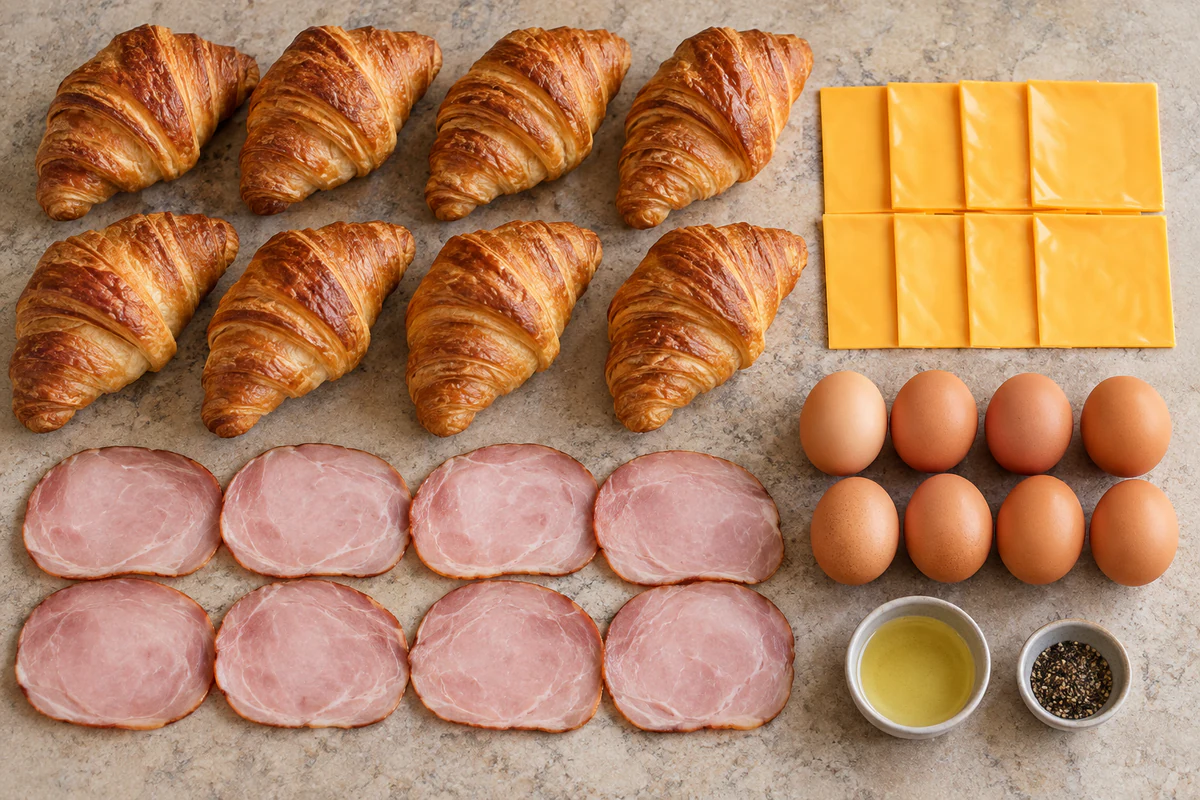 Eight croissants, eight American cheese slices, eight ham slices, eight eggs, oil, and black pepper