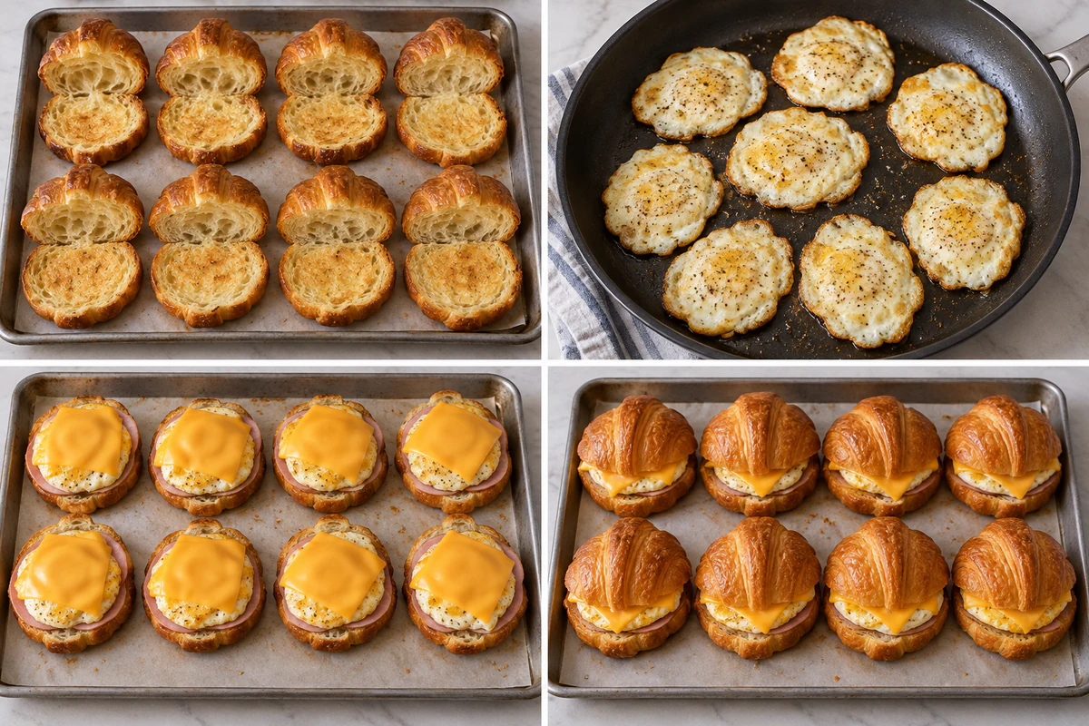 Four stages showing eight croissants toasted, eight eggs fried, eight sandwiches layered, and eight finished croissant sandwiches