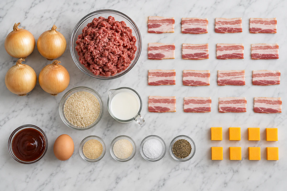 Four yellow onions, sixteen bacon pieces, ground beef, breadcrumbs, egg, milk, barbecue sauce, seasonings, and eight cheddar cubes