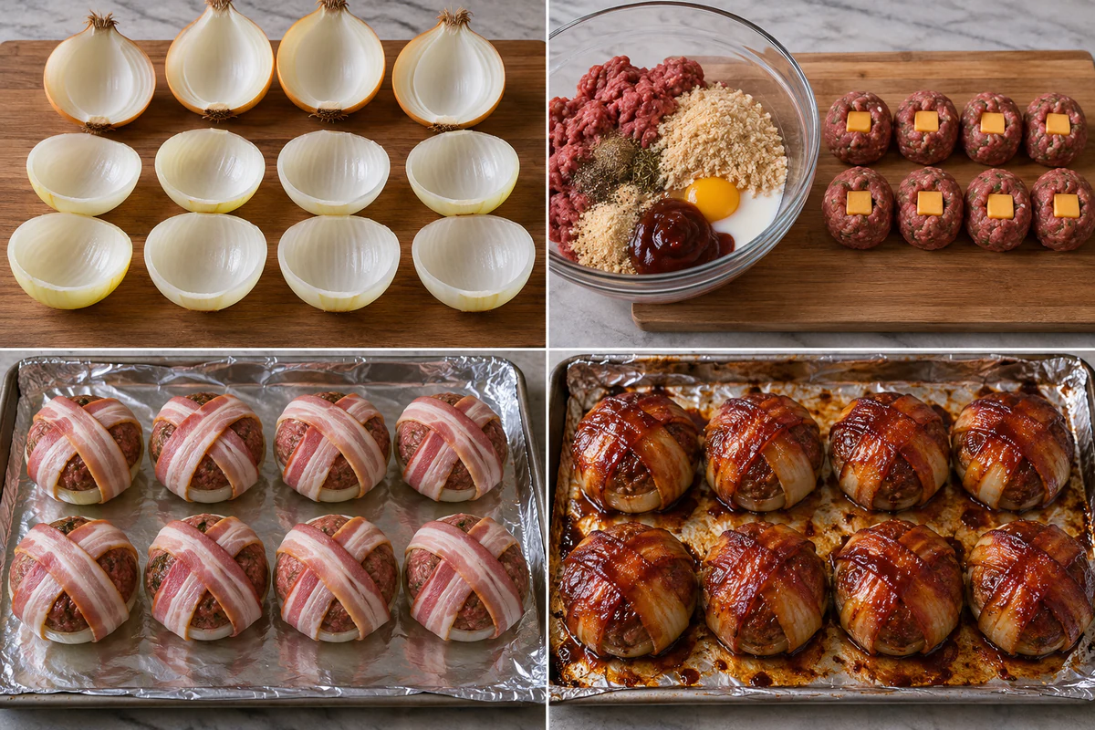 Four stages showing onion shells prepared, eight cheese-stuffed meatballs formed, eight bombs wrapped with bacon, and glazed bombs baked