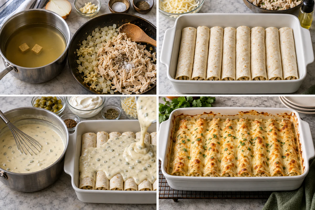 Four stages showing broth and chicken prepared, eight enchiladas rolled, white sauce poured over them, and cheese baked golden