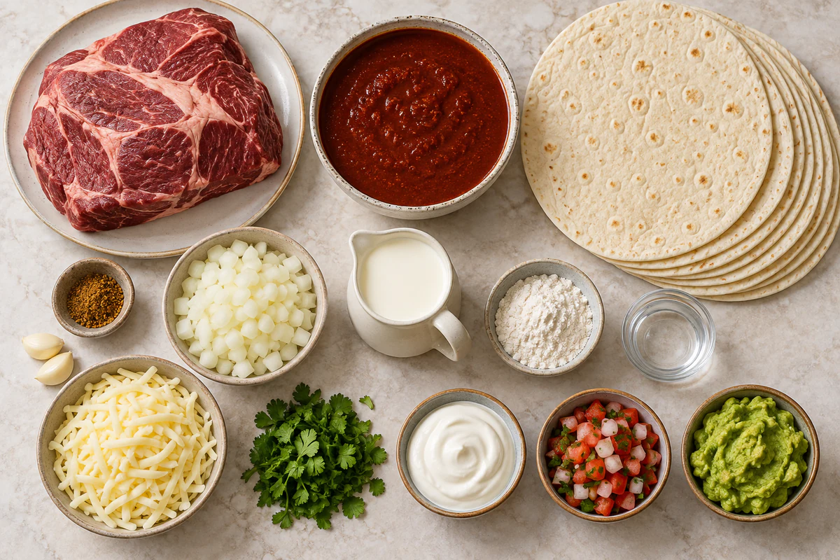 Chuck roast, chile Colorado sauce, bouillon, garlic, onion, cream, flour, water, eight tortillas, Monterey Jack, cilantro, and optional toppings