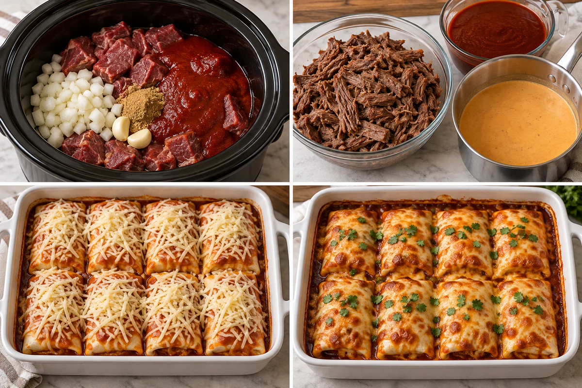 Four stages showing beef slow-cooked, shredded with two sauces, eight burritos assembled, and eight burritos baked with cheese