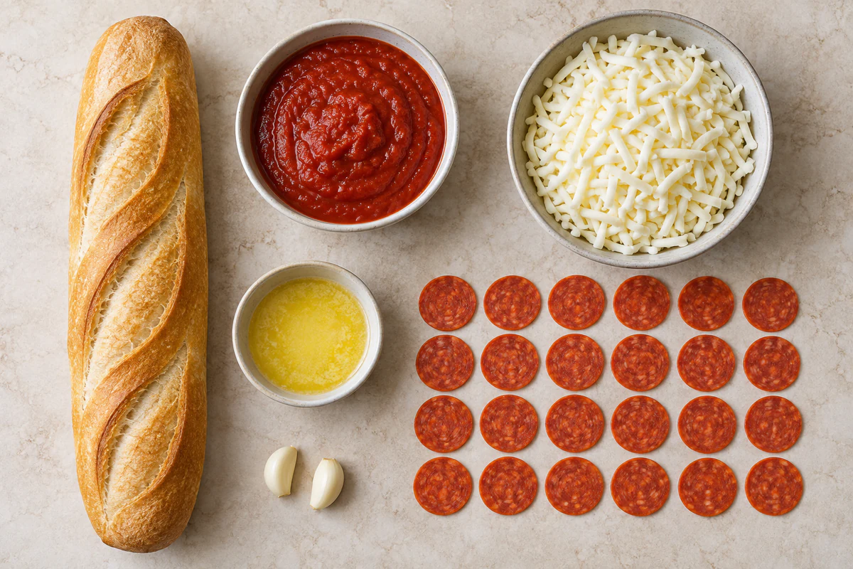 One French bread loaf, two garlic cloves, melted butter, pizza sauce, mozzarella, and twenty-four pepperoni slices