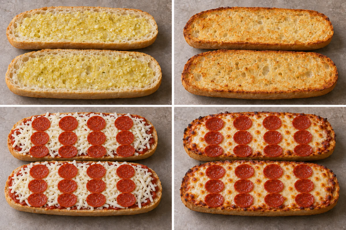 Four stages showing two bread halves buttered, toasted, topped with twenty-four pepperoni slices, and baked