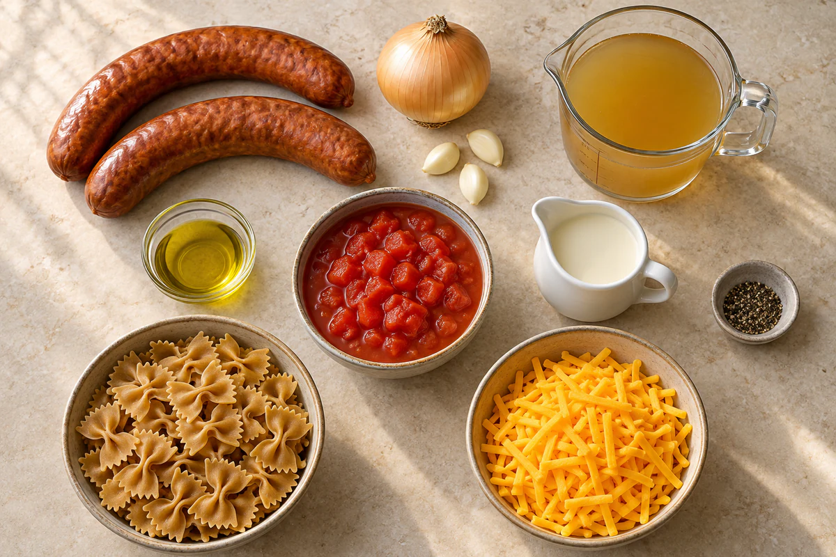 Smoked sausage, yellow onion, three garlic cloves, olive oil, broth, diced tomatoes, cream, pepper, bow-tie pasta, and cheddar