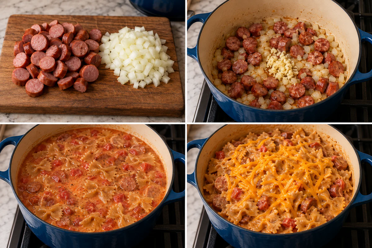 Four stages showing smoked sausage and onion prepared, browned with garlic, bow-tie pasta simmered in tomato cream sauce, and cheddar stirred in