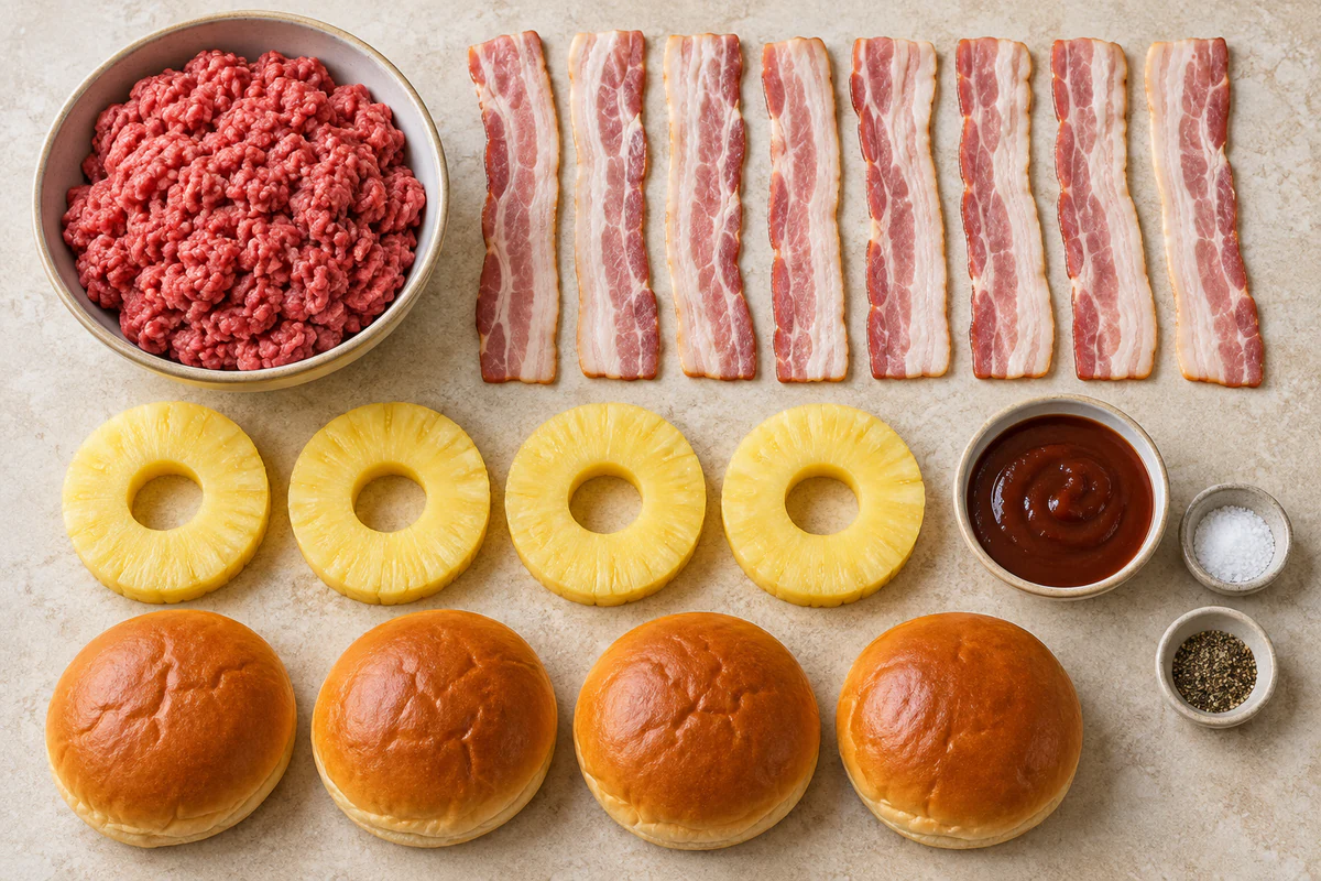 Ground beef, eight bacon strips, four pineapple rings, four brioche buns, barbecue sauce, salt, and pepper