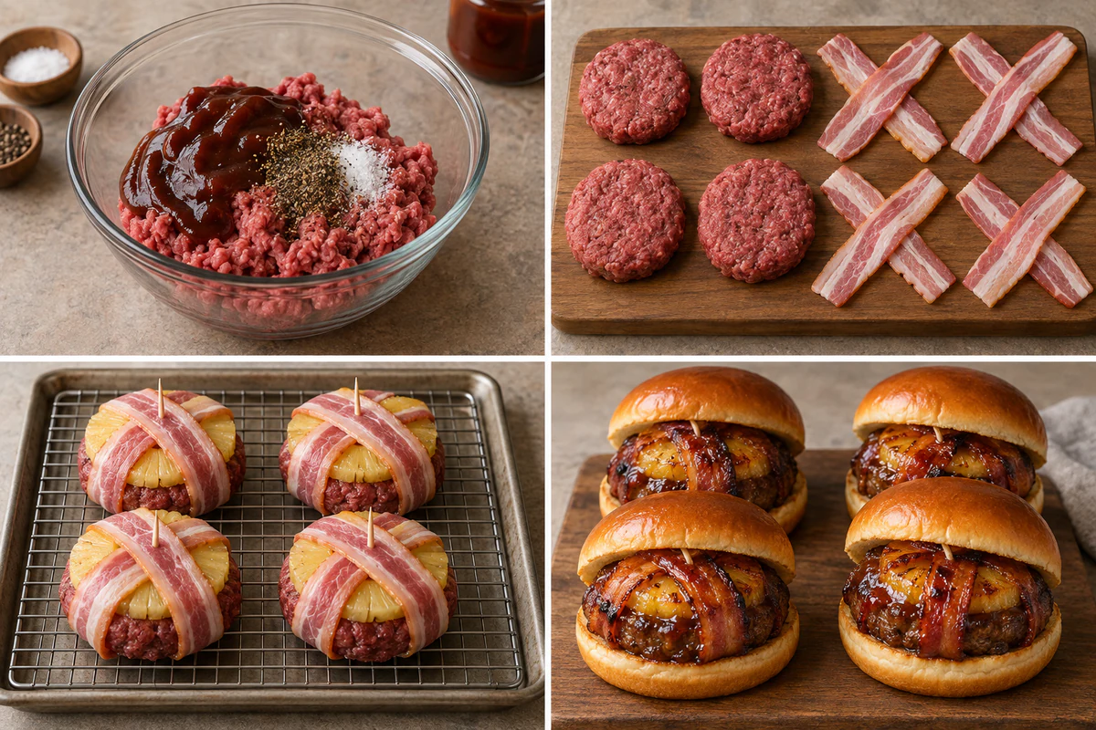 Four stages showing barbecue beef mixed, four patties and bacon crosses prepared, four pineapple burgers wrapped, and four burgers baked