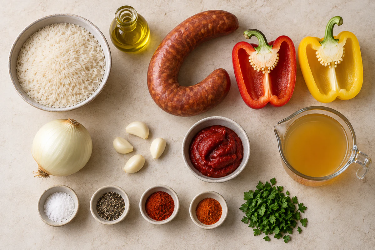 White rice, olive oil, smoked sausage, red and yellow pepper halves, onion, four garlic cloves, seasonings, tomato paste, broth, and parsley