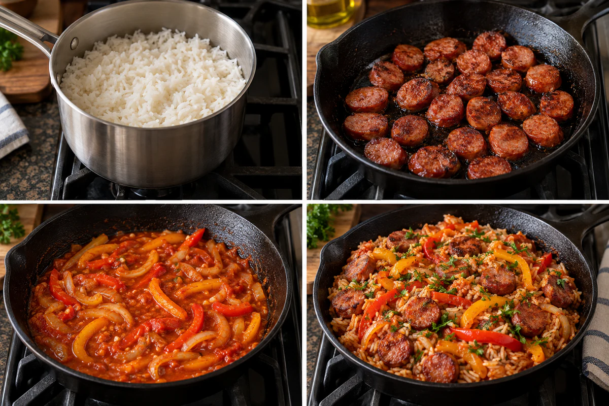 Four stages showing rice cooked, smoked sausage browned, peppers and onion simmered in tomato sauce, and the finished skillet combined