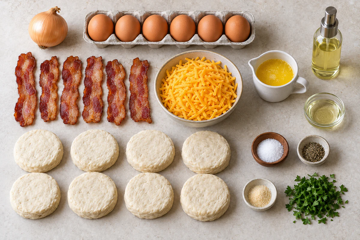 Onion, six eggs, six bacon slices, cheddar, eight biscuit rounds, oil, seasonings, melted butter, parsley, and cooking spray