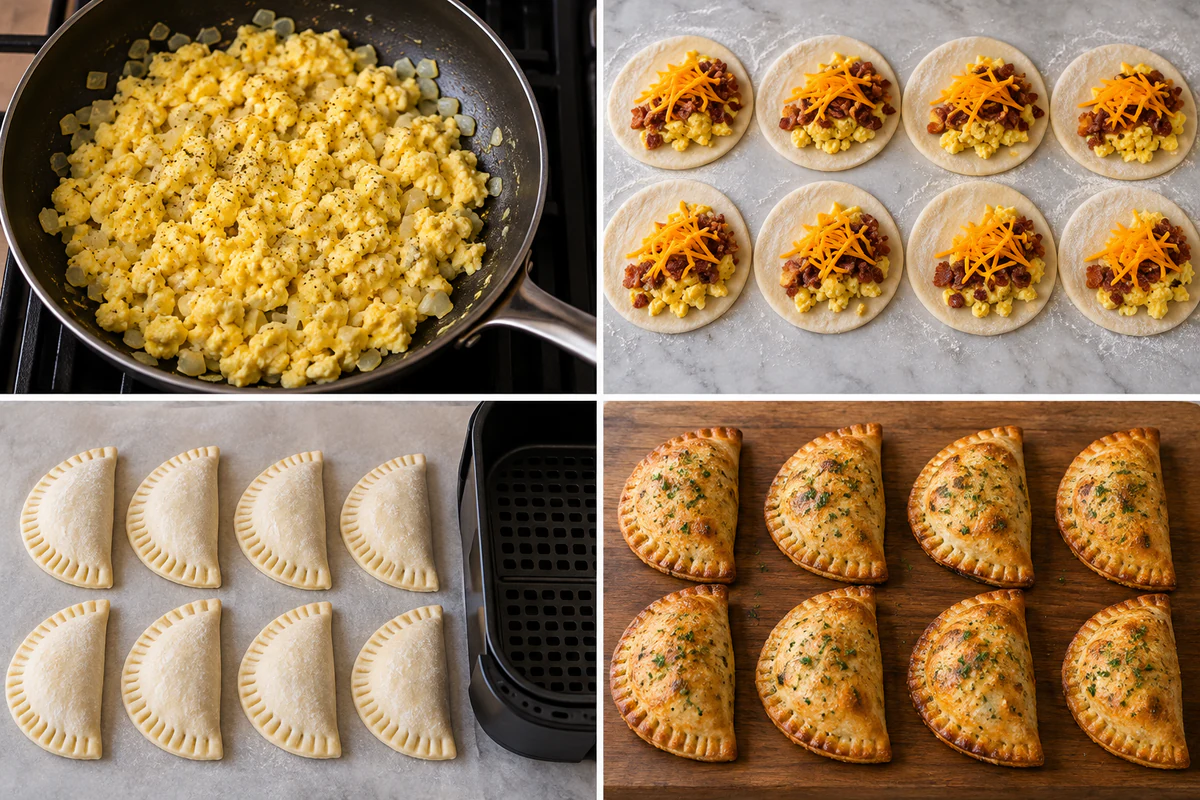 Four stages showing eggs scrambled with onion, eight biscuit rounds filled, eight half moons sealed, and eight hand pies air-fried golden
