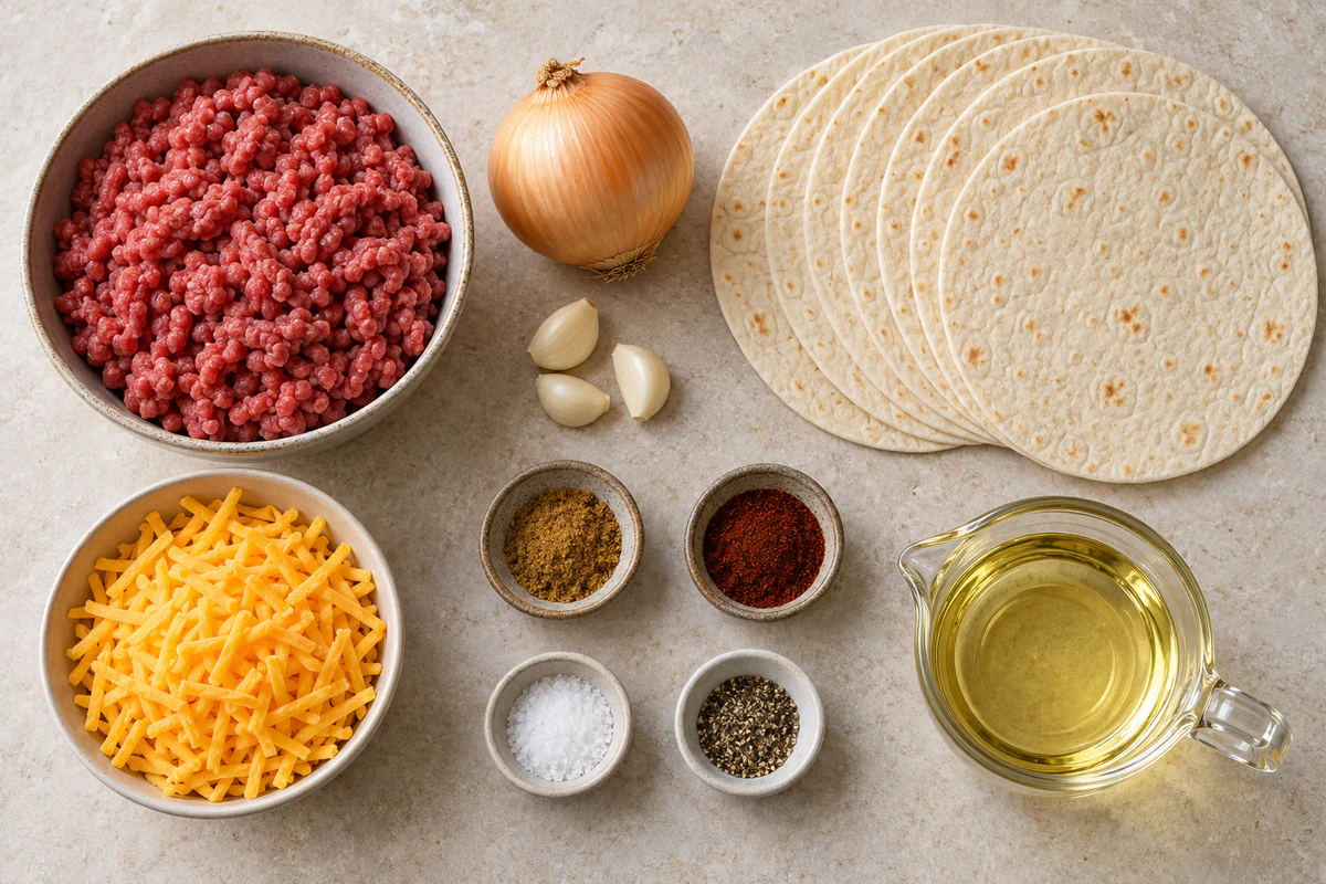 Ground beef, yellow onion, three garlic cloves, cumin, chili powder, seasonings, cheddar, six tortillas, and frying oil