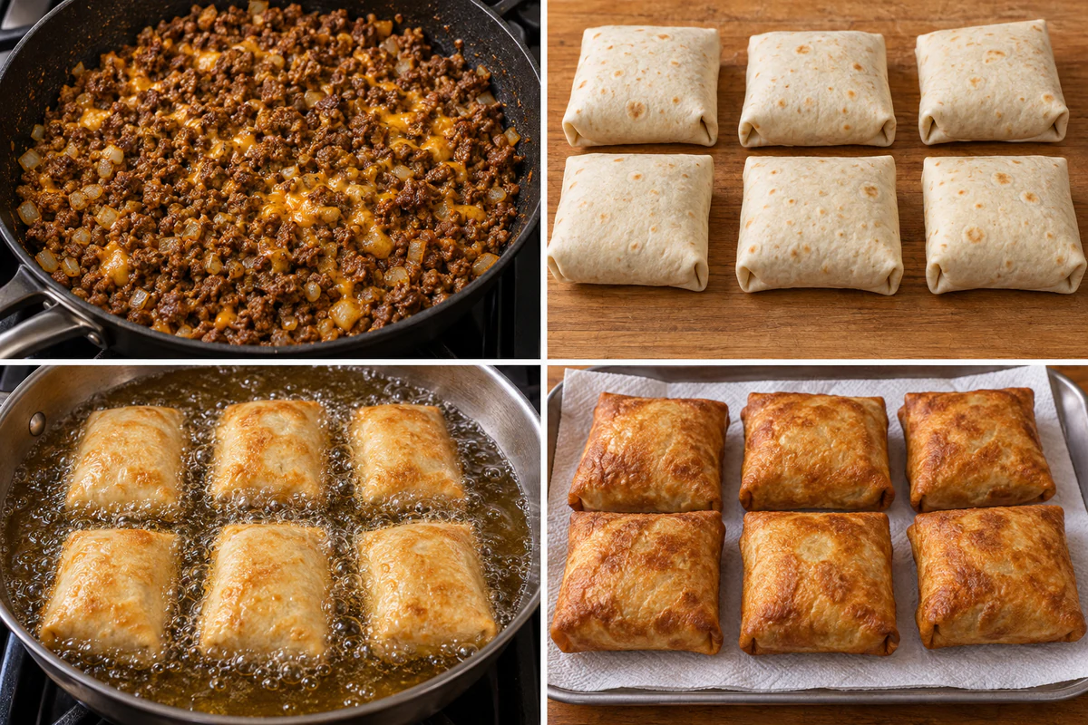 Four stages showing beef filling cooked, six tortilla parcels folded, six chimichangas fried, and six golden chimichangas drained