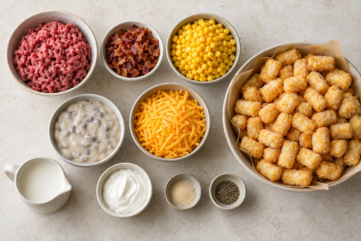 Ground beef, crumbled bacon, corn, mushroom soup, cheddar, milk, sour cream, onion powder, pepper, and frozen tater tots