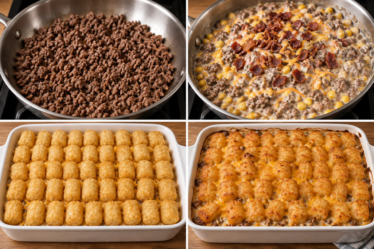 Four stages showing beef browned, creamy bacon and corn filling mixed, tater tots arranged over cheese, and casserole baked golden