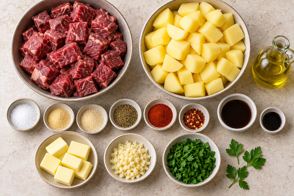Cubed steak, Yukon Gold potatoes, seasonings, Worcestershire, browning sauce, olive oil, butter, garlic, and parsley