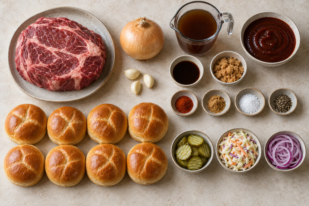 Chuck roast, onion, three garlic cloves, broth, barbecue sauce, Worcestershire, brown sugar, spices, eight buns, and optional toppings